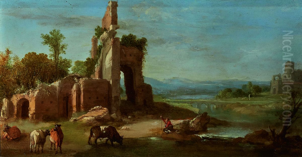 An Italianate landscape with ruins Oil Painting by Bartholomeus Breenbergh