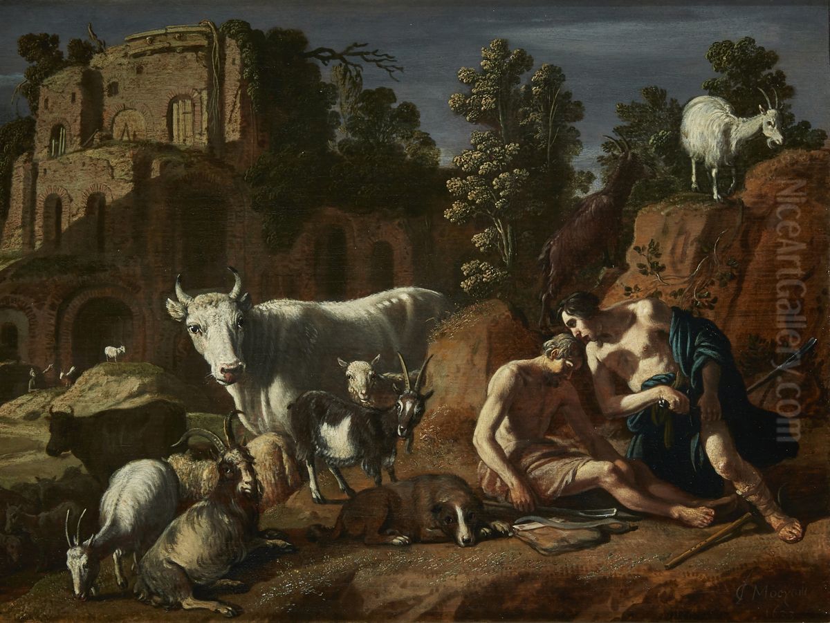 Mercury and Argus surrounded by animals in a landscape Oil Painting by Claes Corneliszoon Moeyaert