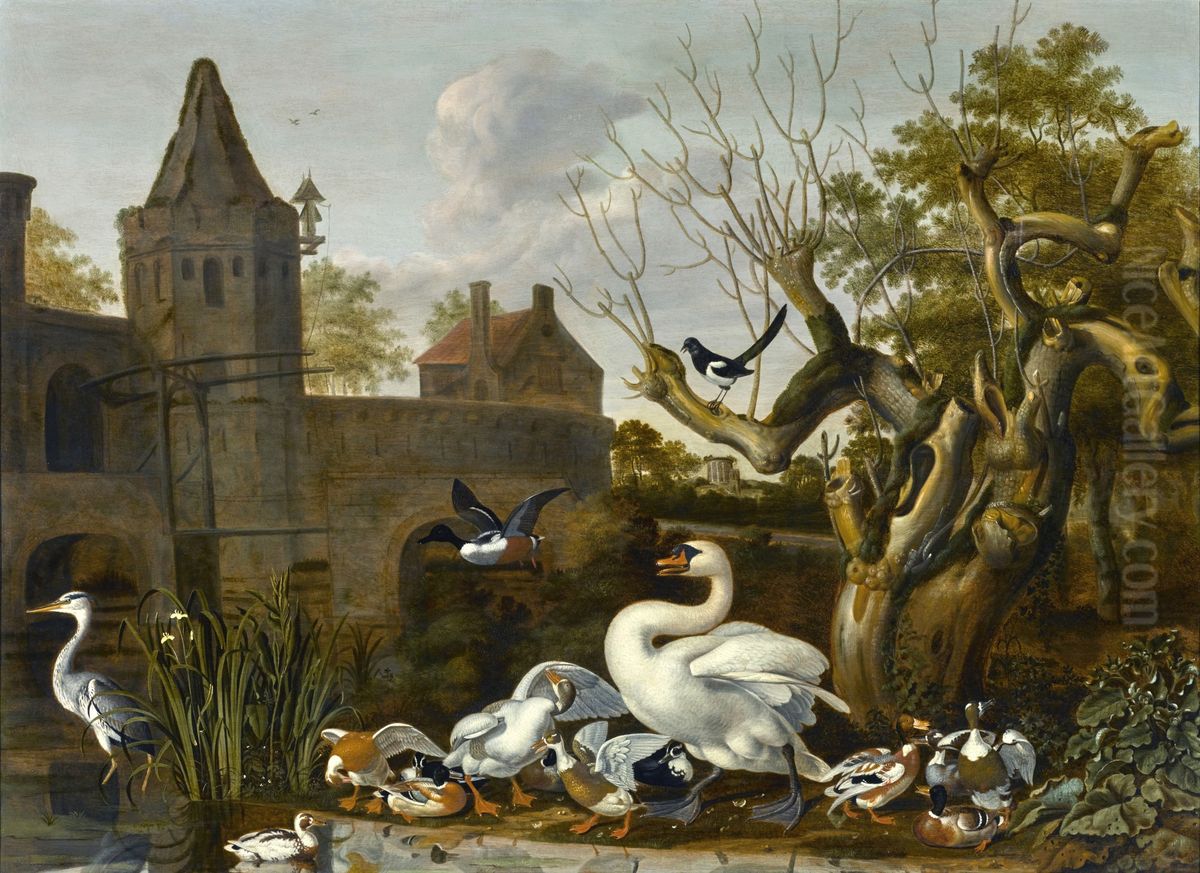 A castle moat with a swan, various ducks and a heron in the foreground, and a magpie in a tree Oil Painting by Dirck Wijntrack