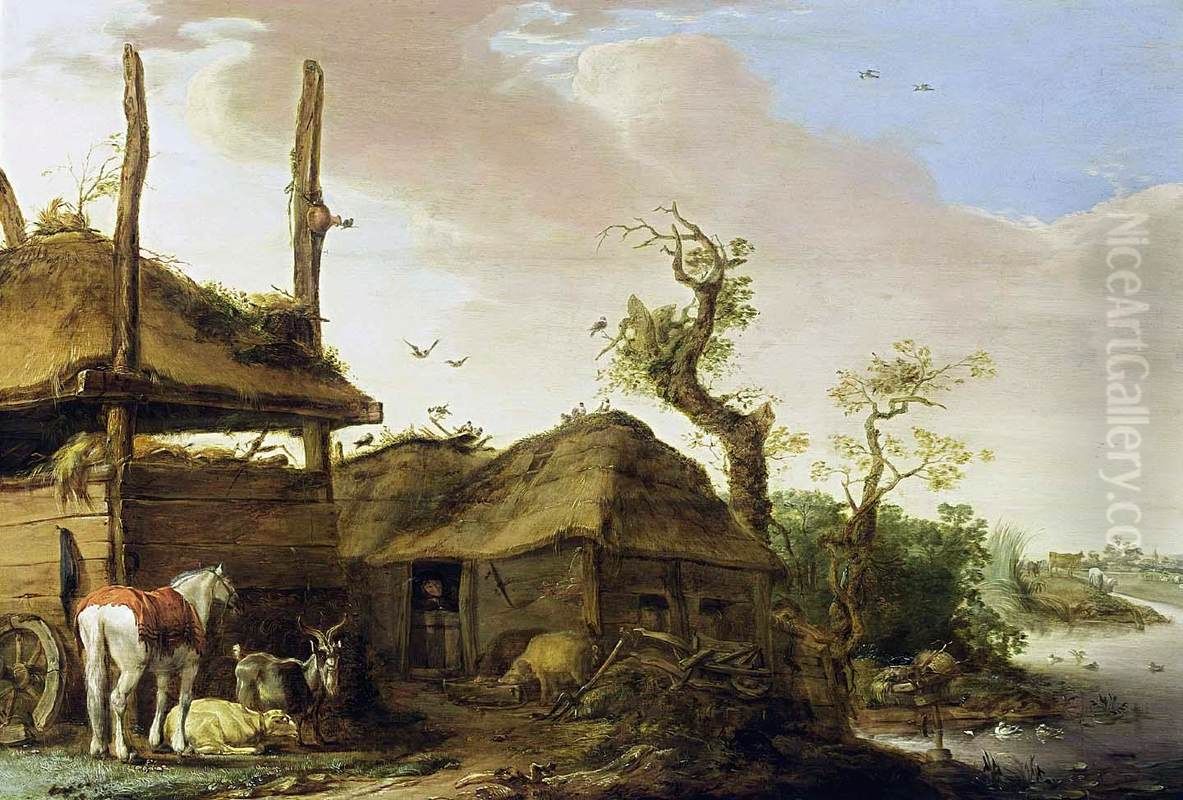 Landscape with a farmyard Oil Painting by Cornelis Saftleven