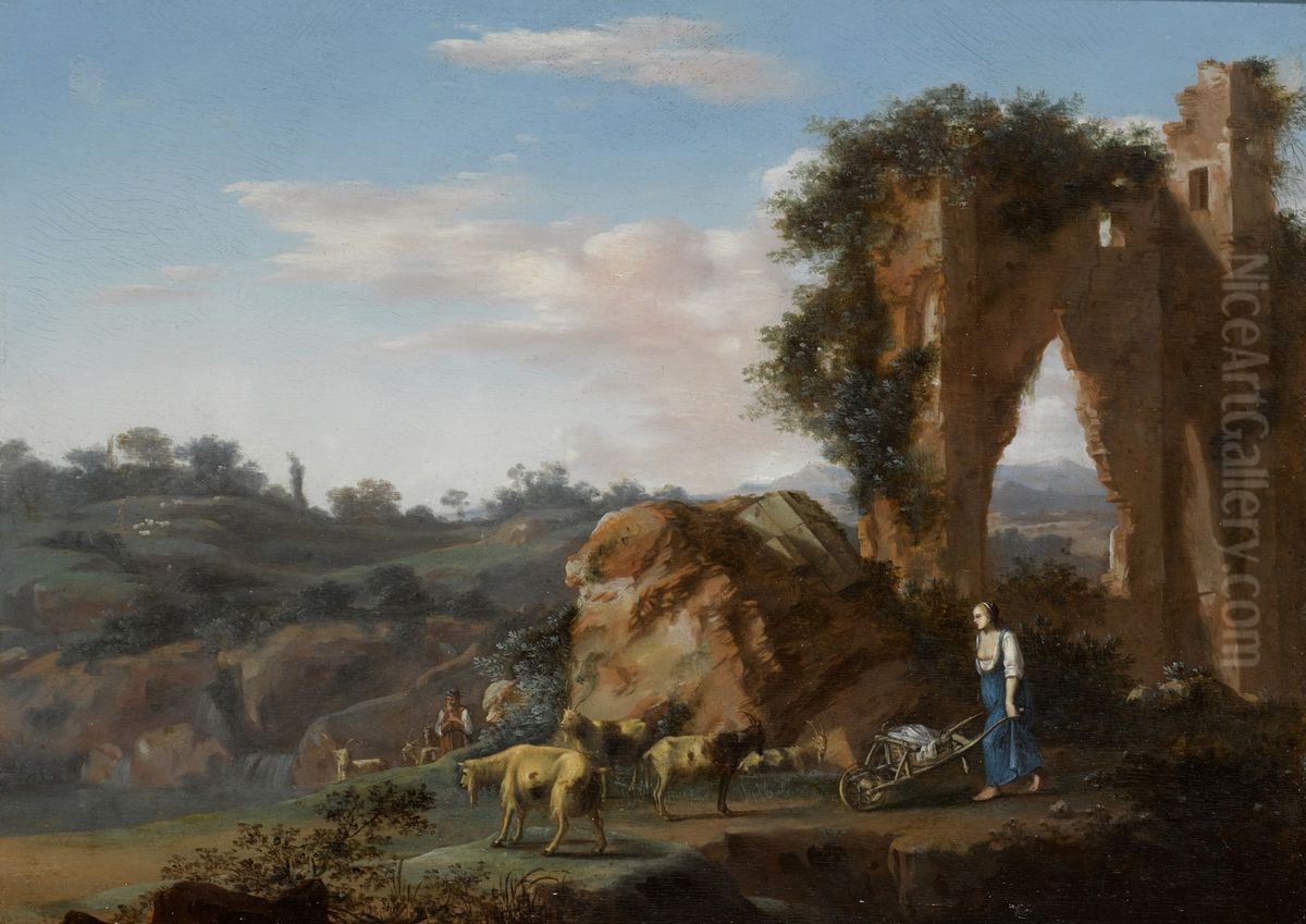 Southern landscape with a woman with a wheelbarrow and a goatherd near a ruin Oil Painting by Warnard van Rijsen