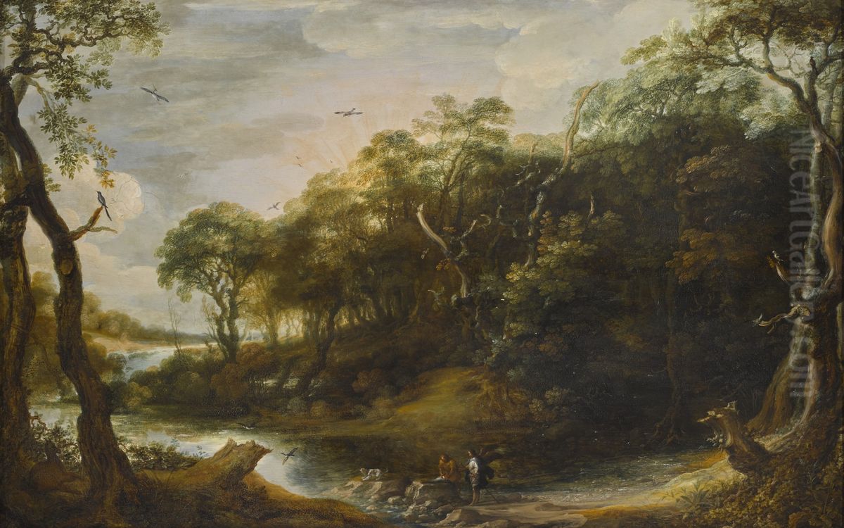 Landscape with the angel Raphael and Tobais who is cutting open the fish (Tobit 6,1-5) Oil Painting by Adriaen Van Stalbemt