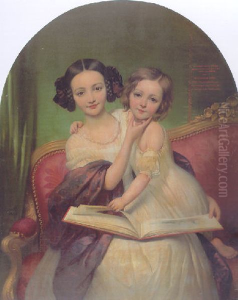 Portrait de Marguerite Louise Cibiel et de Marie Aglaure Cibiel assises sur un sofa, feuilletant un livre Oil Painting by Joseph-Desire Court