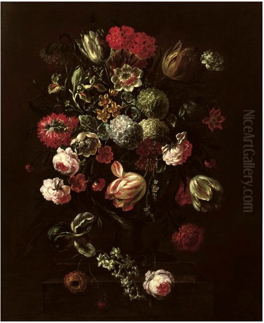 Tulips, roses, lillies and other flowers in a vase on a stone ledge Oil Painting by Peter Frans Casteels