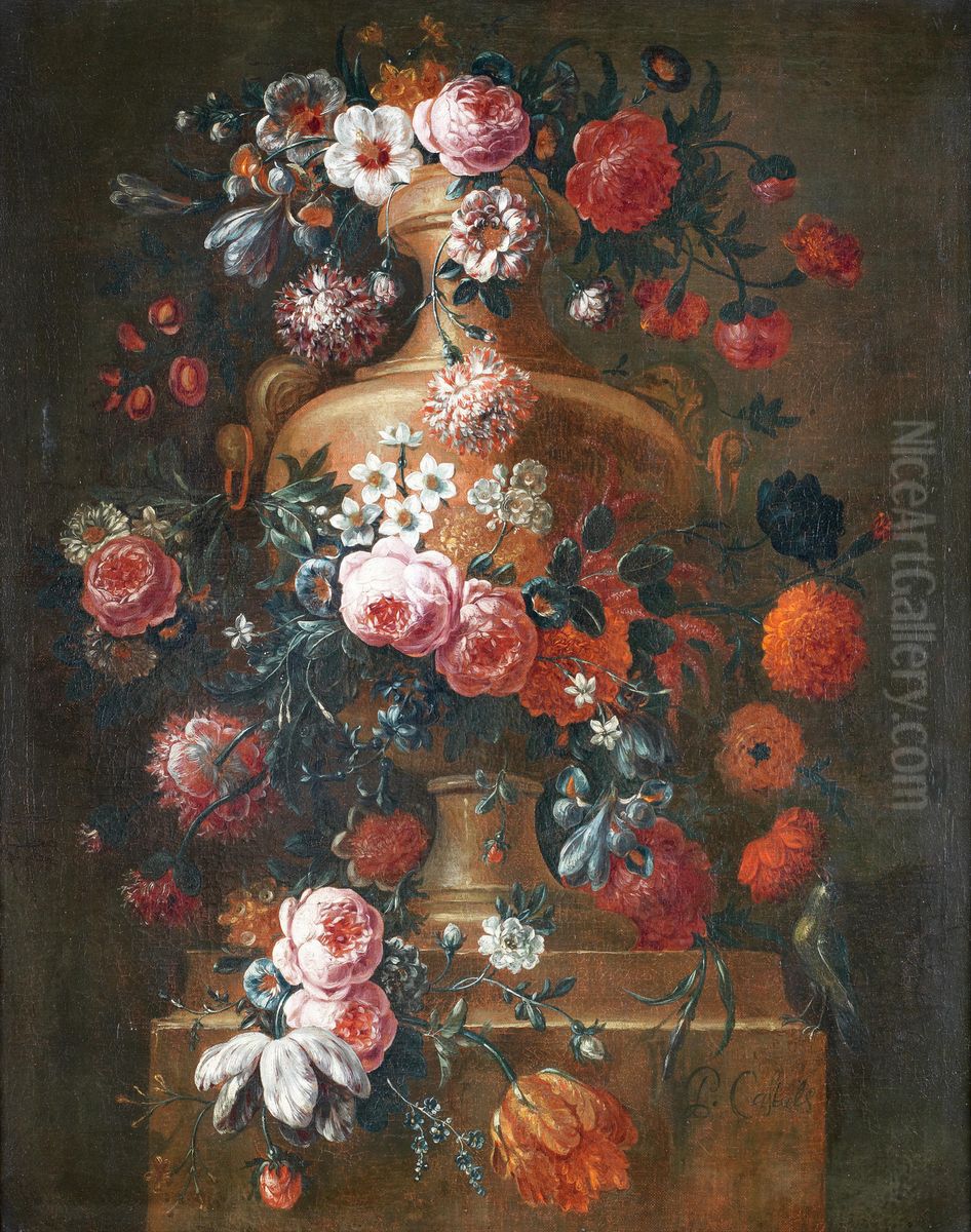 Roses, tulips, convulvus, narcissi and other flowers in an urn, on a stone ledge Oil Painting by Peter Frans Casteels