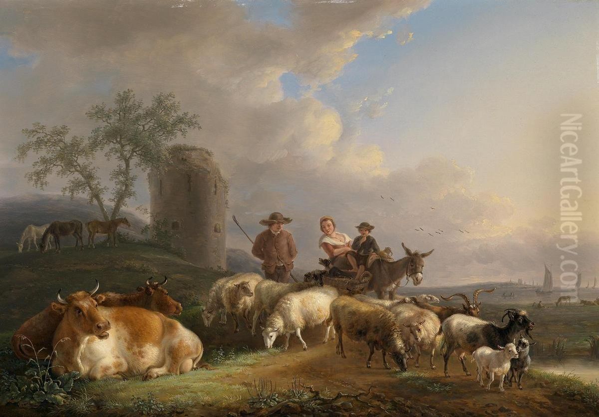 Shepherd and flock from further lake landscape Oil Painting by unknown