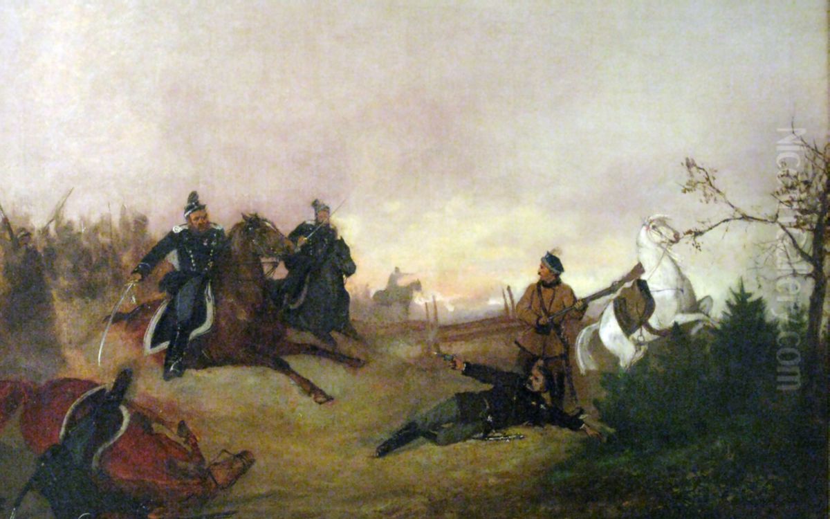 Death of Dionizy Czachowski during battle of Wierzchowiska in 1863. Oil Painting by Antoni Piotrowski