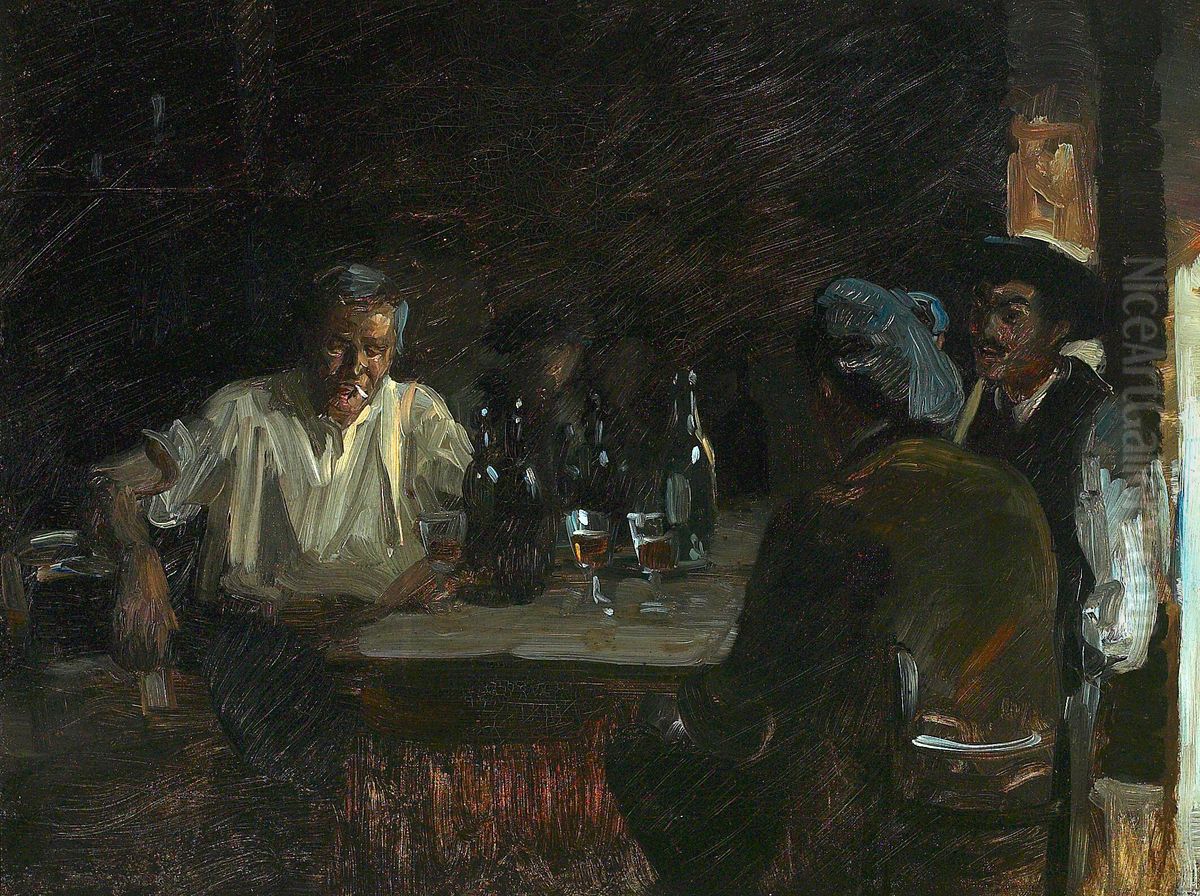 Arbejdere pa et vaertshus i Luchon. Studie. Oil Painting by Peder Severin Kroyer