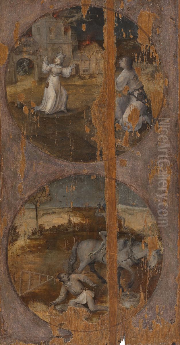 Twee medaillons met symbolisch-religieuze voorstellingen Oil Painting by Hieronymous Bosch