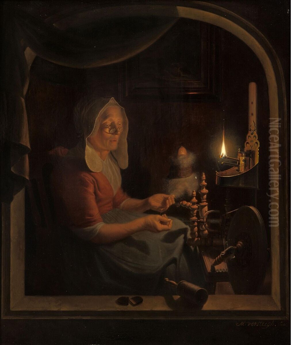 De spinster, bij een olielampje Oil Painting by Michiel Versteegh