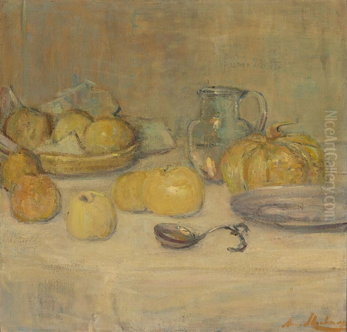 Stilleven met appels en meloen Oil Painting by Anna Abrahams