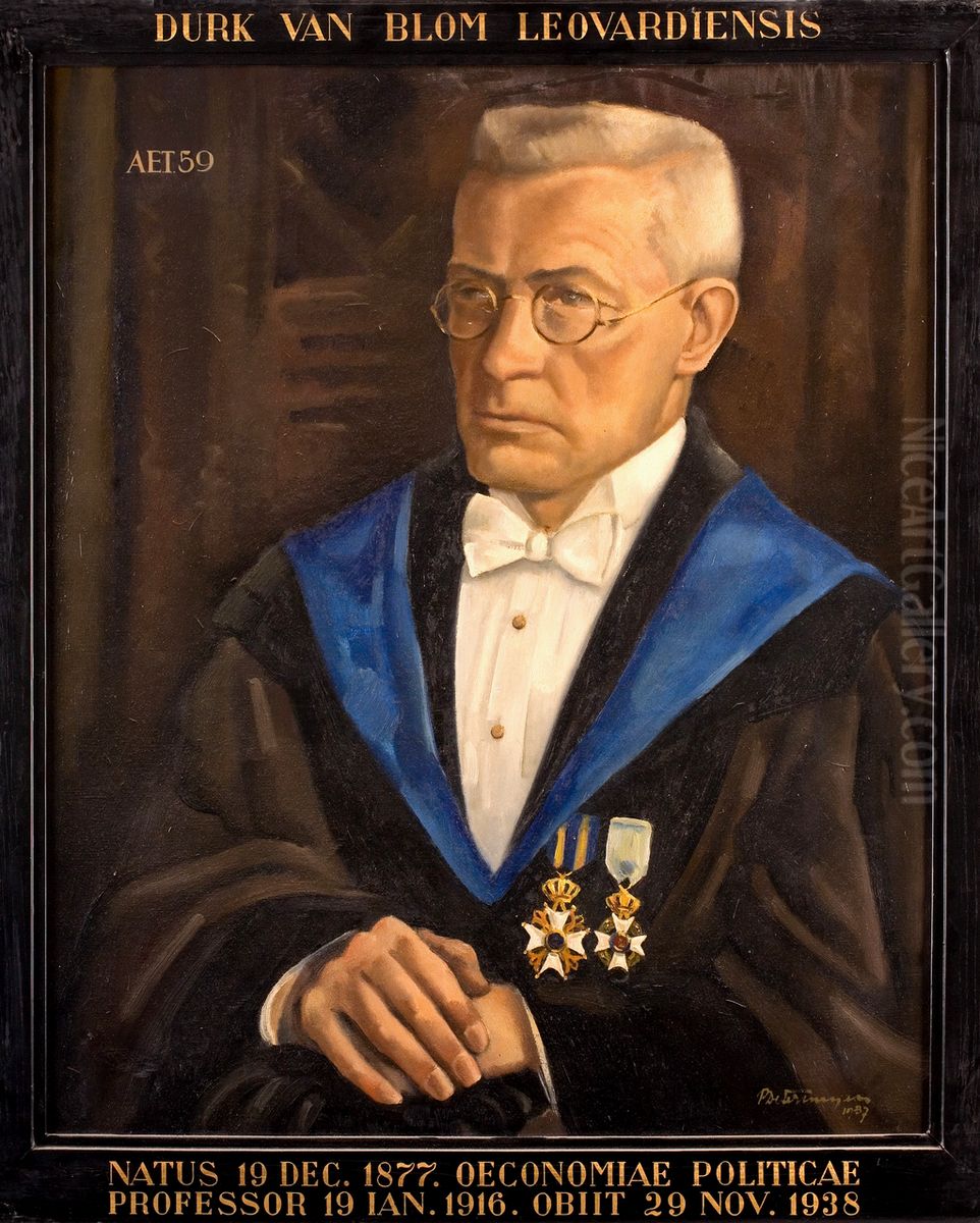 Portret van Durk van Blom, hoogleraar Staatshuishoudkunde en Statistiek te Leiden Oil Painting by Paul Determeyer