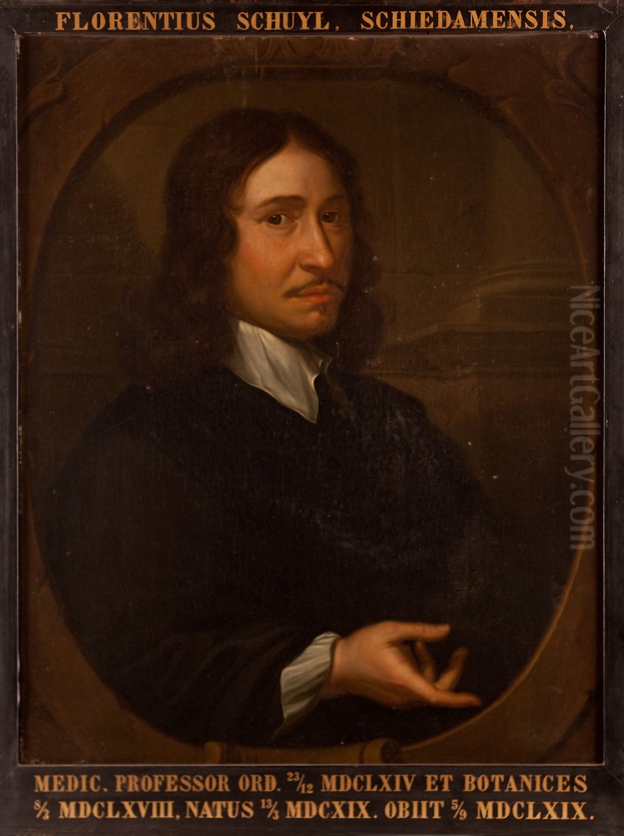 Portret van Florentius Schuyl, hoogleraar Geneeskunde te Leiden, prefect van de Hortus Oil Painting by Hieronymus van der Mij
