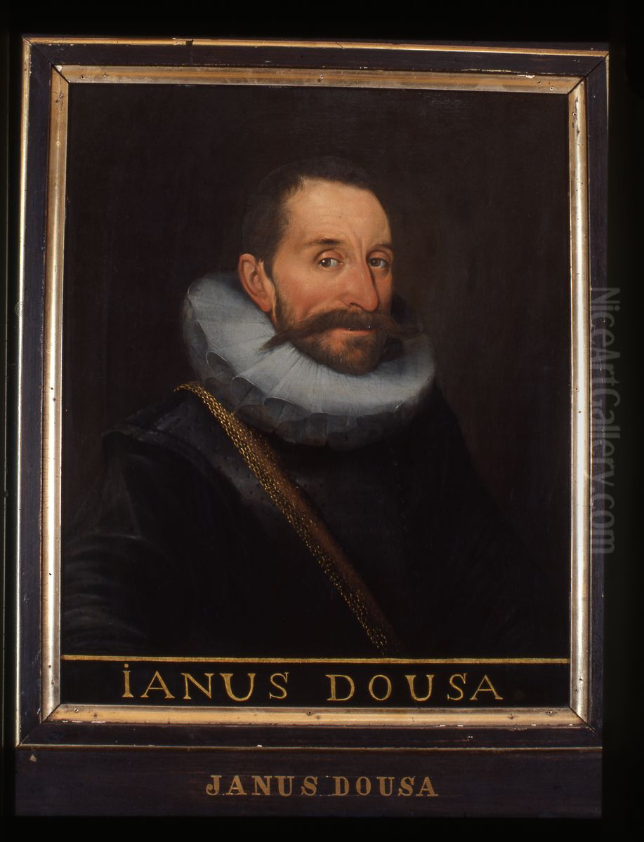 Portret van Janus (I) Dousa, curator en bibliothecaris van de Universiteit Leiden Oil Painting by Roelof Willemsz