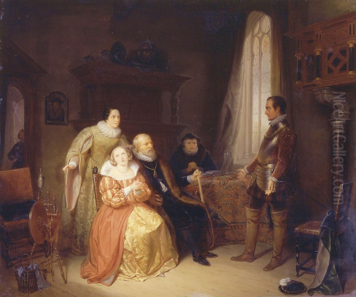 Een jongeling van zijn beminde en ouders afscheid nemende. Oil Painting by Robert van Eijsden