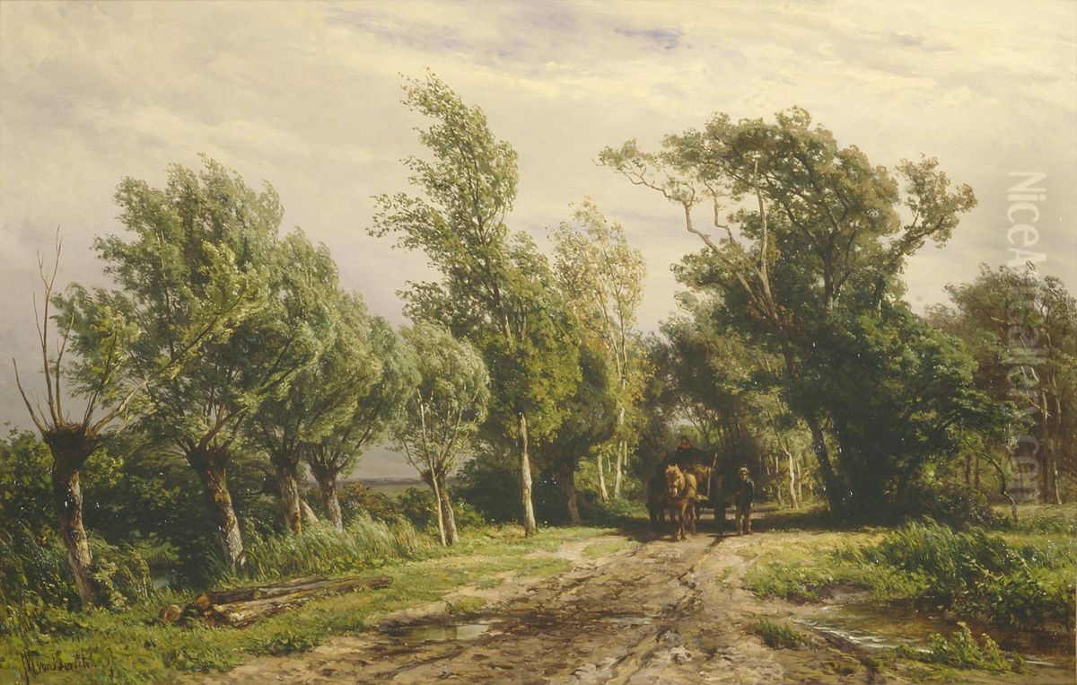 Landschap met paard en wagen. Oil Painting by Jan Willem Van Borselen
