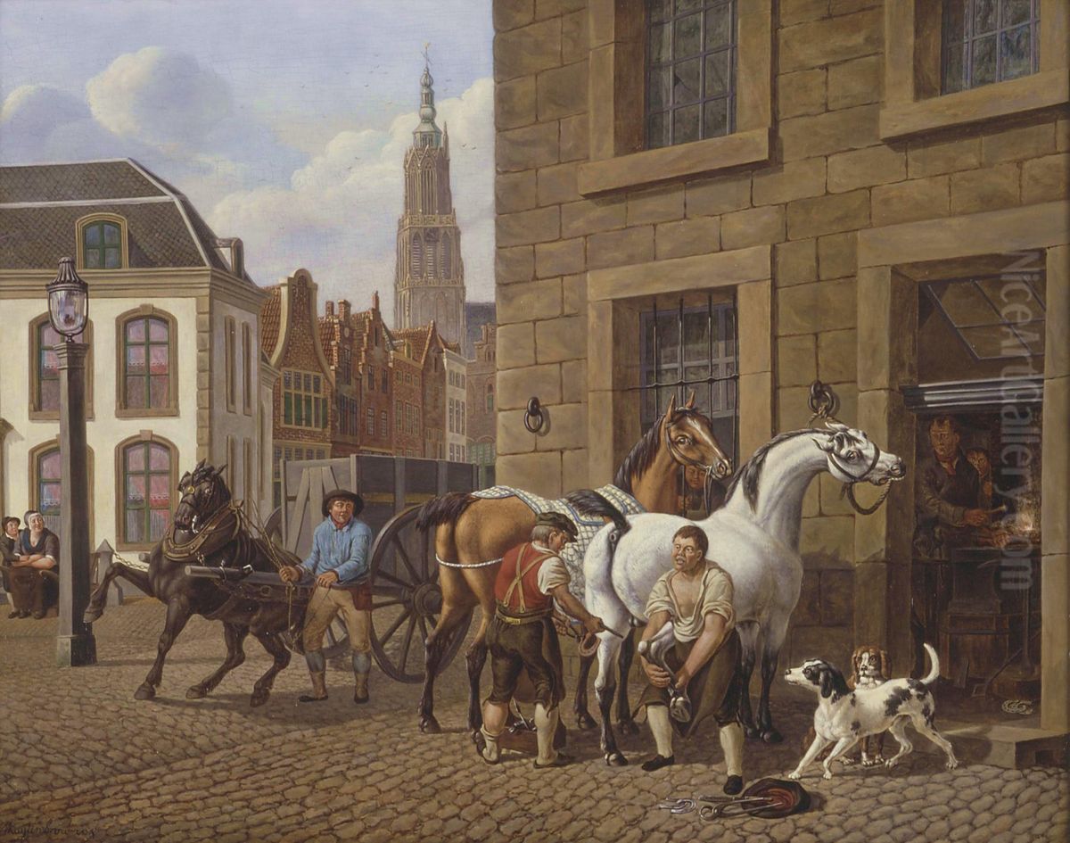 Stadsgezicht met smidse en Onze Lieve Vrouwetoren, Amersfoort Oil Painting by Martinus Kuytenbrouwer
