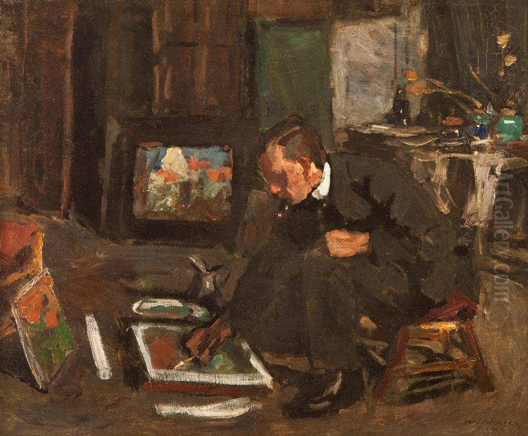 Hendrik Jan Wolter in atelier te Leusden Oil Painting by Hendrik Jan Wolter