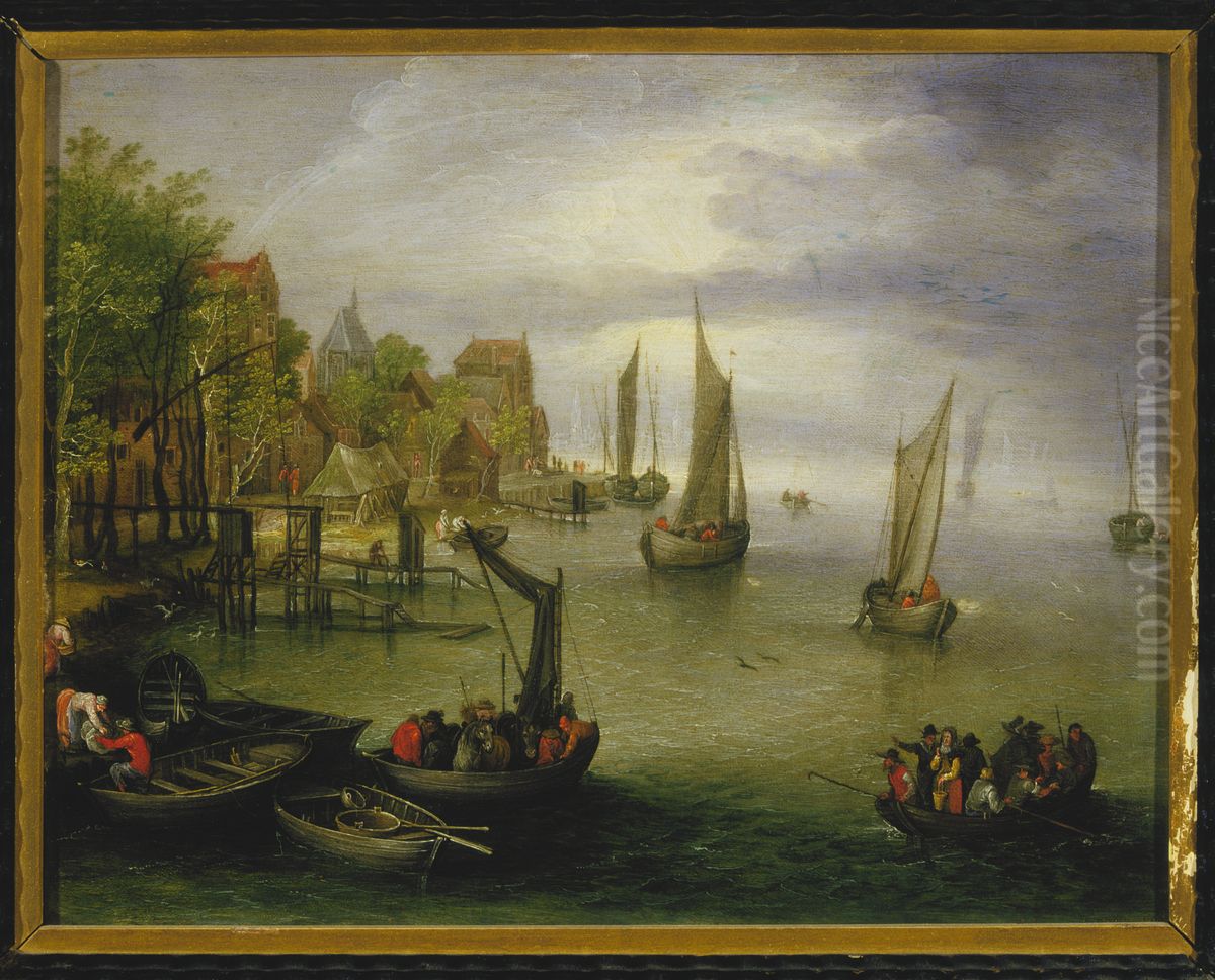 Vlaanderse veer op de Schelde, tegenover Antwerpen Oil Painting by Jan Brughel