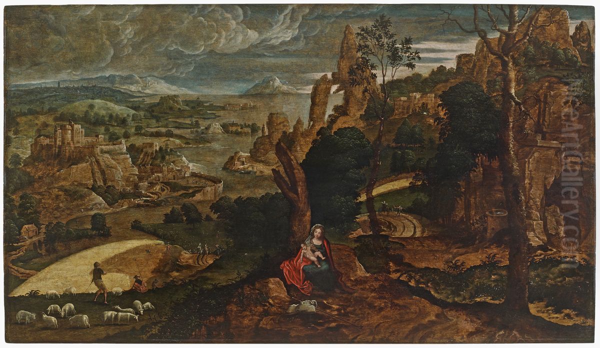 Landschap met de rust op de vlucht naar Egypte Oil Painting by Matthys Cock