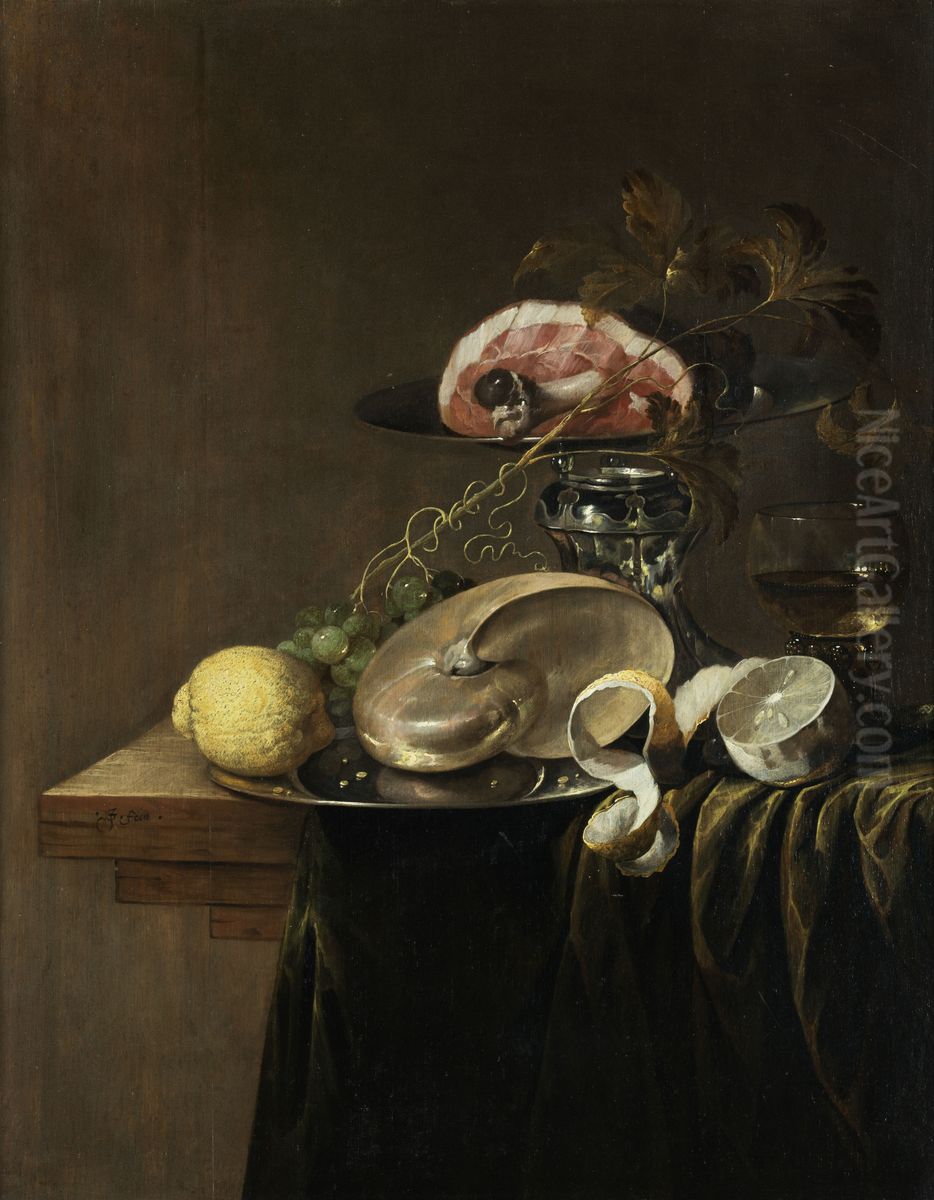 Large magnificent still life with nautilus, lemons and ham inside a tazza Oil Painting by Jasper Geeraards