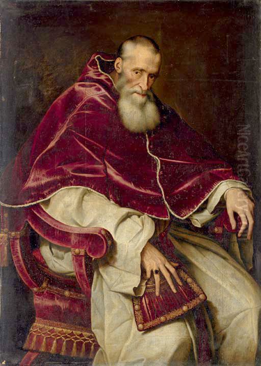 Portrait of Alessandro Farnese, Pope Paul III, seated three-quarter-length, in papal robes Oil Painting by Scipione Pulzone