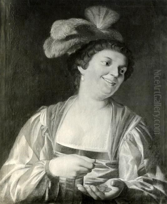 A woman laughing, while counting money Oil Painting by Gerard van Honthorst