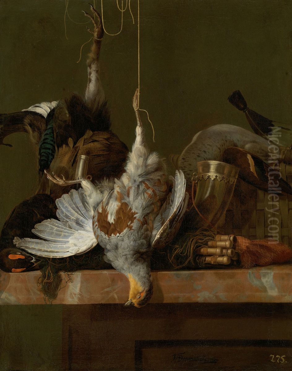 A Still Life with Dead Partridge, Pheasant, and Hunting Gear Oil Painting by Hendrick Fromantiou