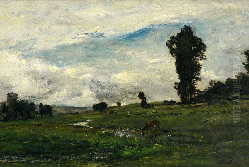 Figures and Cows in a Country Landscape Oil Painting by Charles-Francois Daubigny