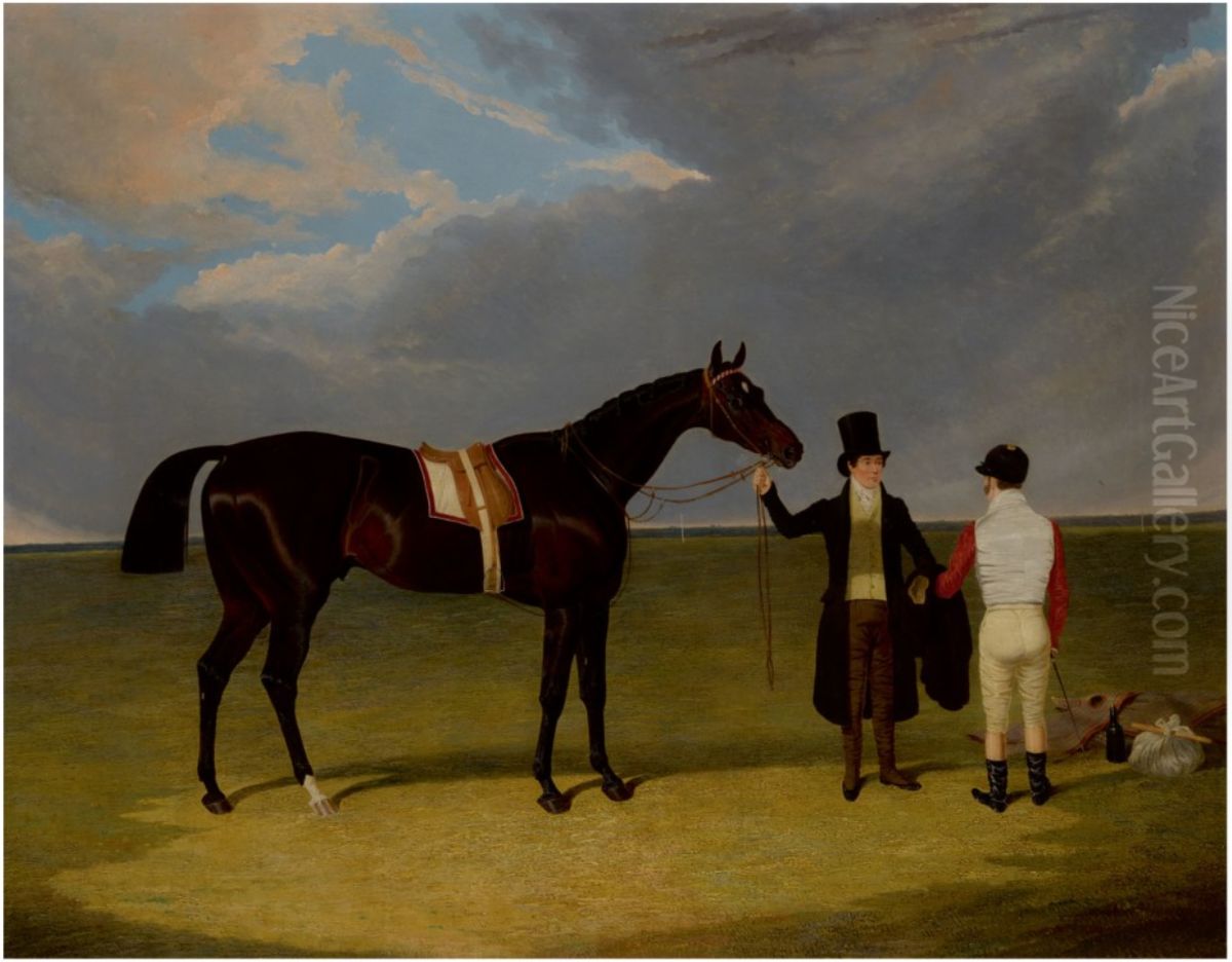 MR. WAGSTAFF'S THE SADDLER WITH JOCKEY AND TRAINER AT DONCASTER Oil Painting by unknown