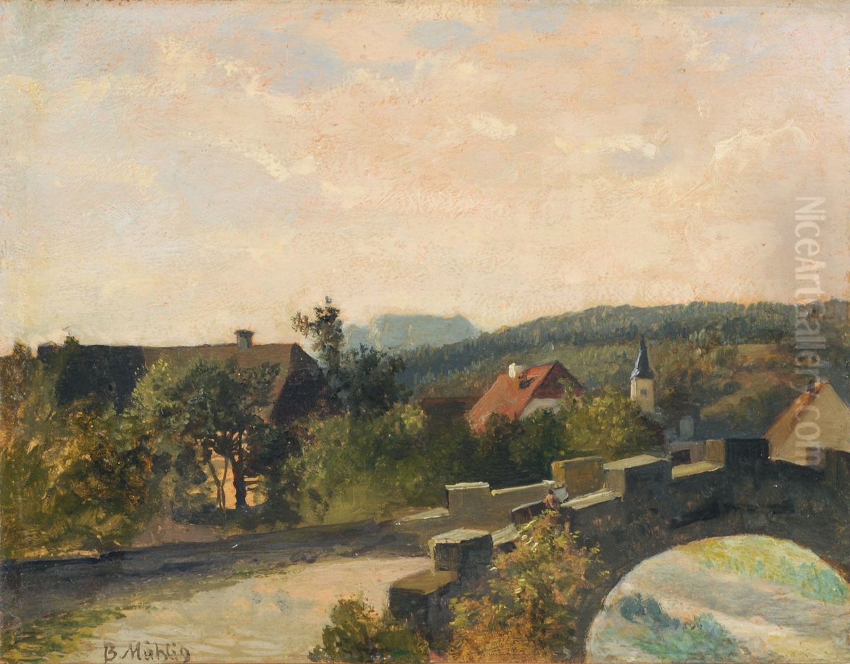 Dorf mit Steinbrucke in der Sachsischen Schweiz Oil Painting by Bernhard Muhlig