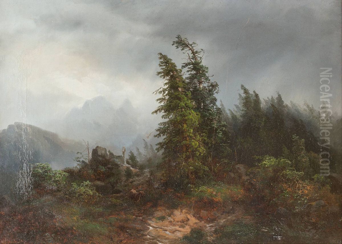 Aufziehendes Unwetter - Einsames Kalb an einem Bachlauf Oil Painting by Bernhard Muhlig