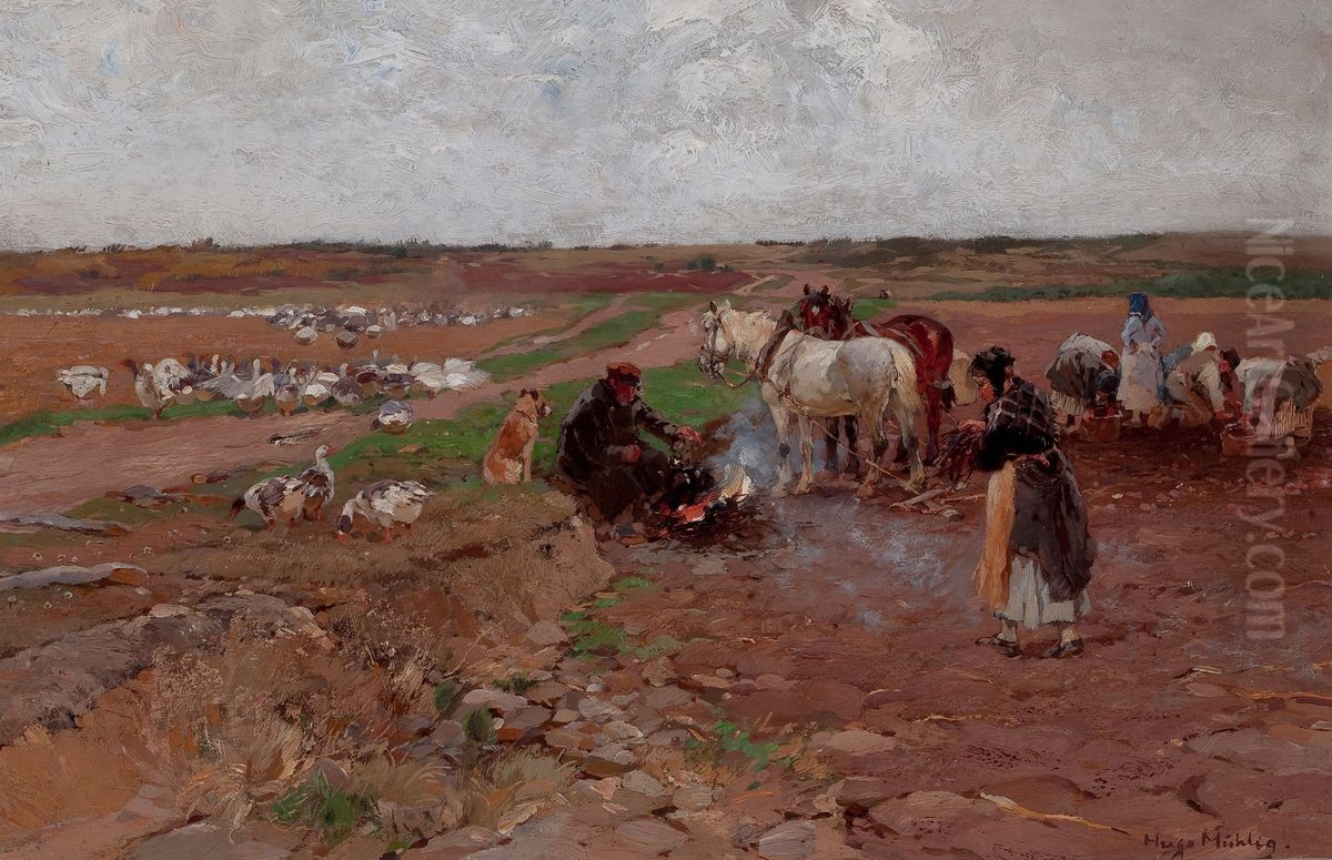 Peasants with Horses Oil Painting by Hugo Muhlig