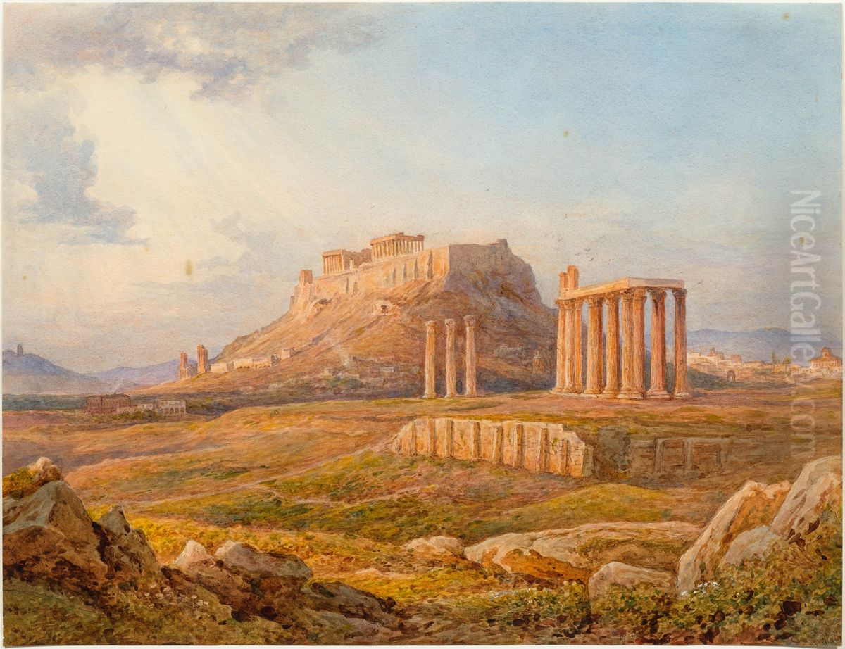 View of the Acropolis of Athens / Athens with the Acropolis and the Olympieion in the foreground Oil Painting by Rudolf Muller
