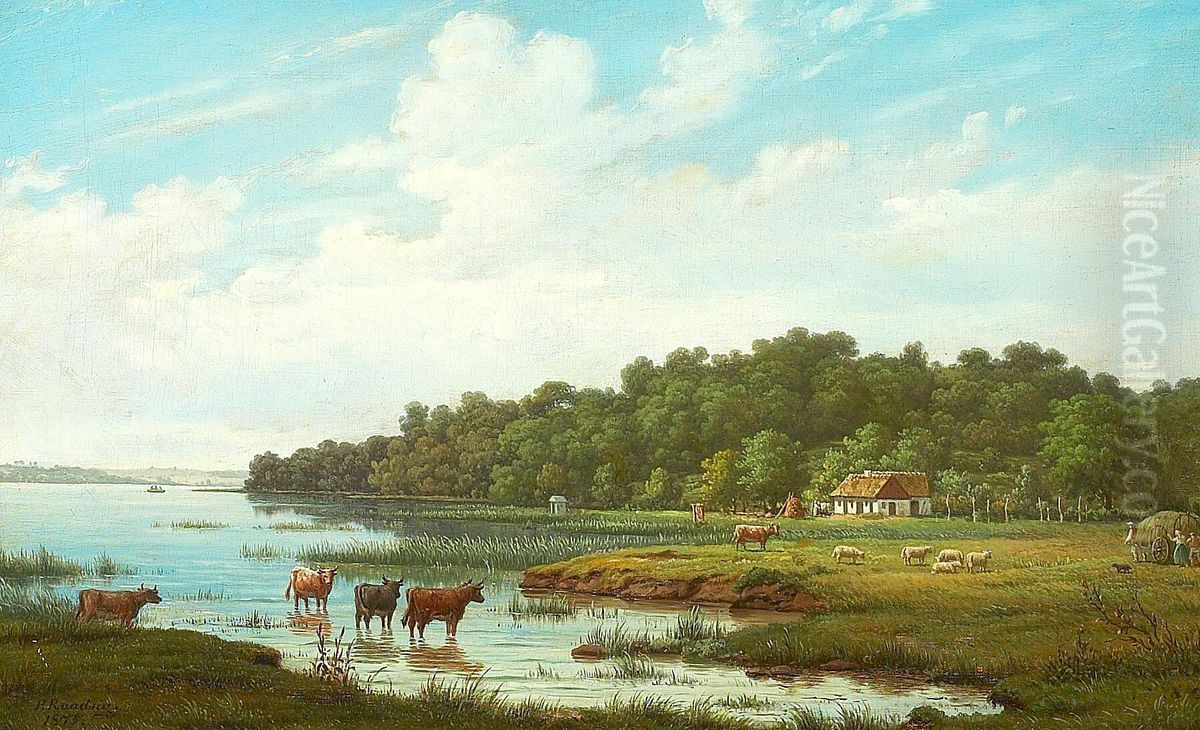 Livestock and persons in a field with a view of an inlet. Oil Painting by Johan Peter Raadsig
