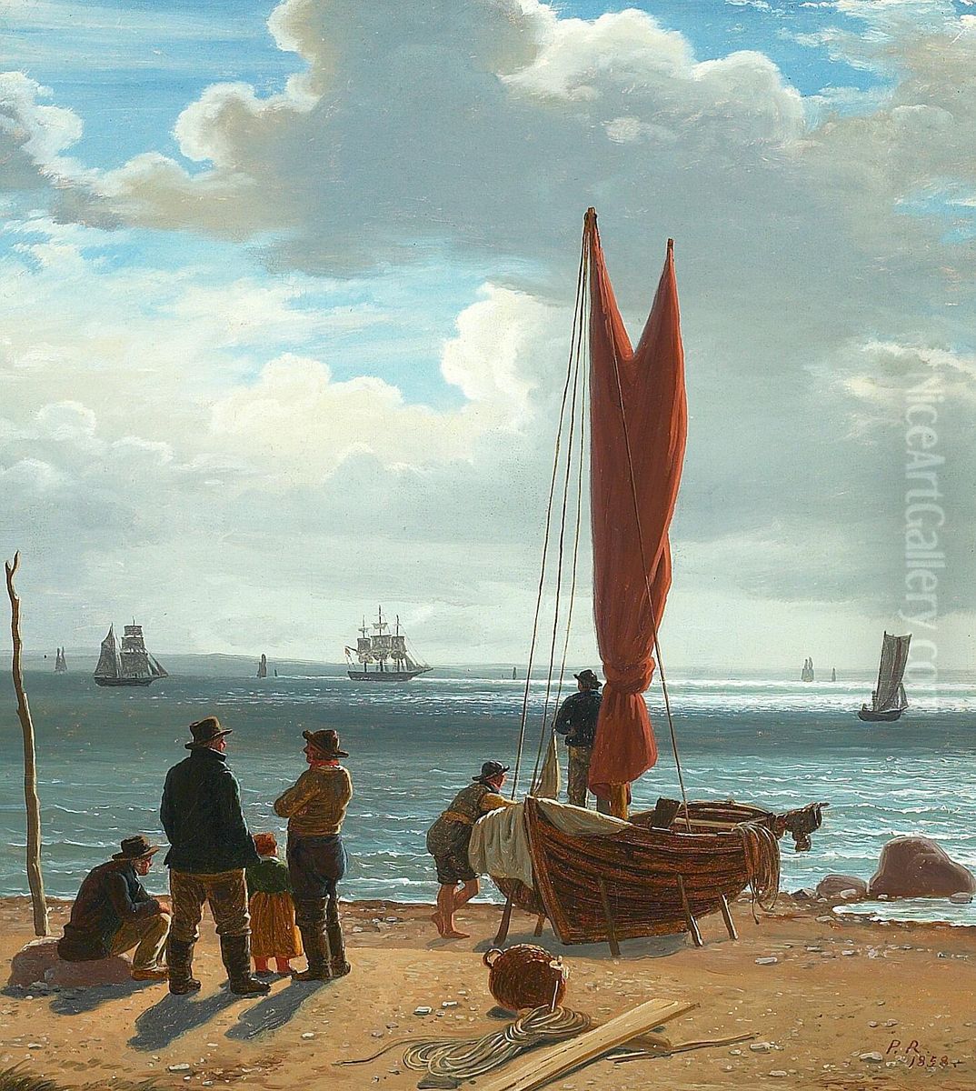 Fishermen at the Sound, early morning. Oil Painting by Johan Peter Raadsig
