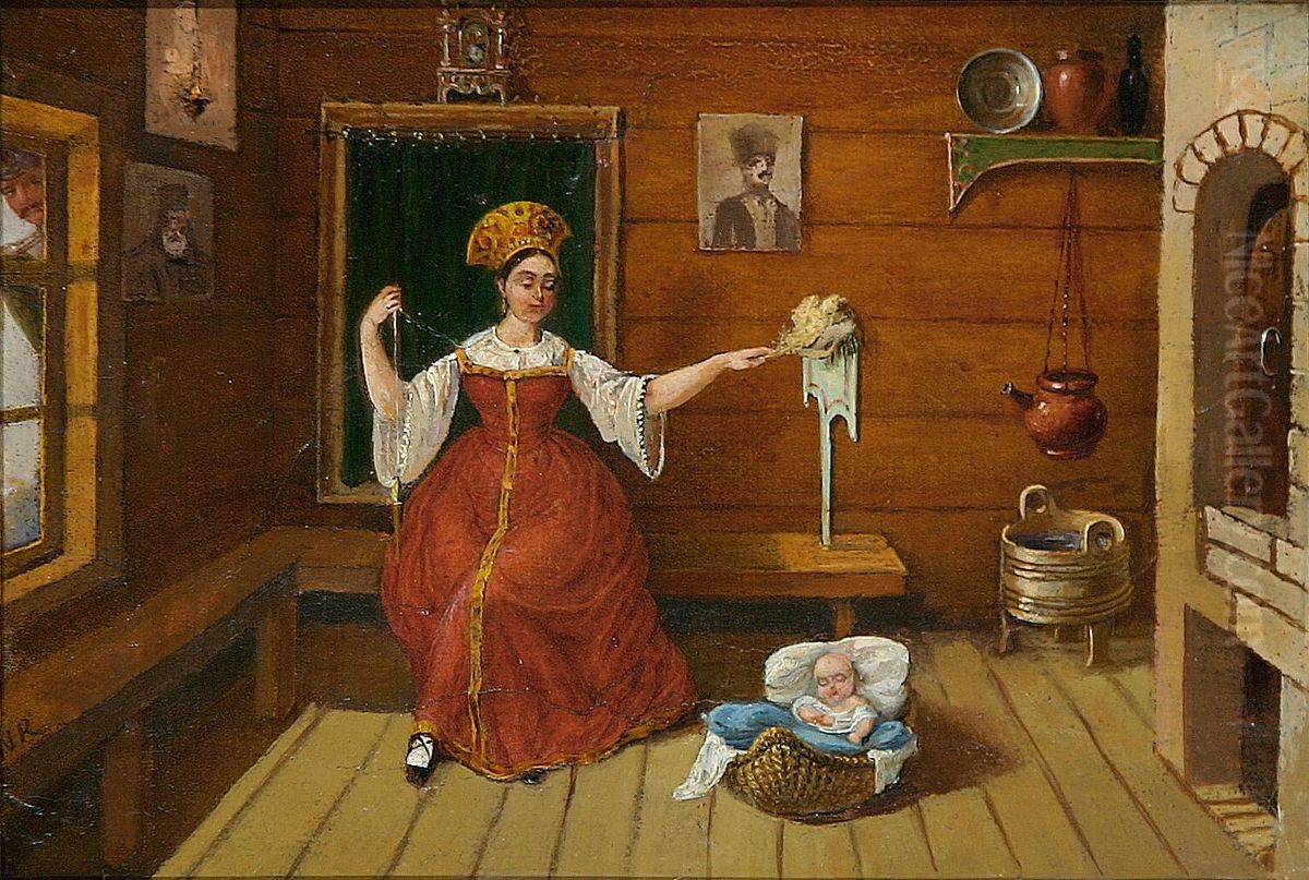Interior with mother and child. Oil Painting by Niels Gronbek Rademacher
