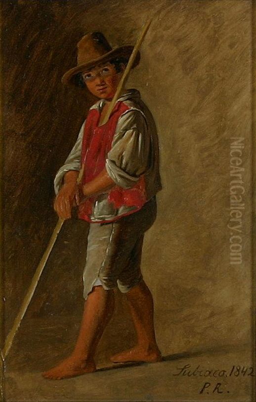 A young shepherd with staff and hat. Oil Painting by Johan Peter Raadsig