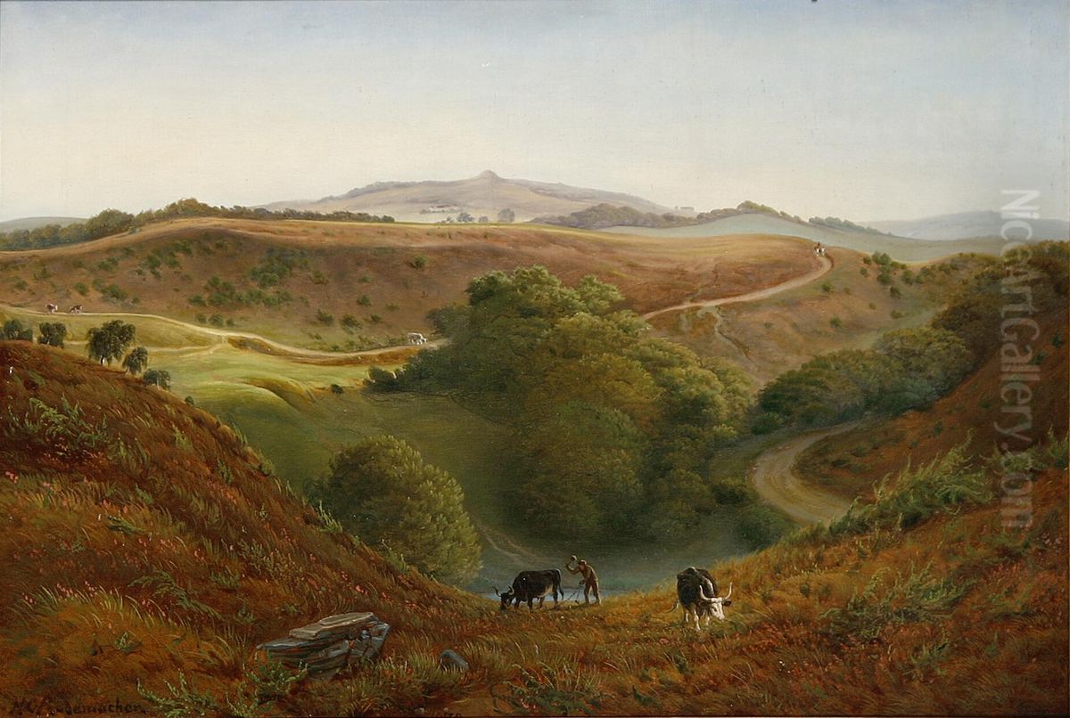 A cow is tied up in the heather hills. Oil Painting by Niels Gronbek Rademacher