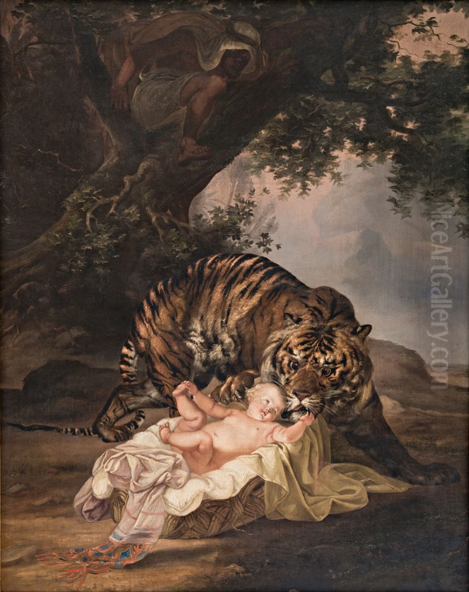 A tiger finds a baby in a wicker basket Oil Painting by Raden Saleh