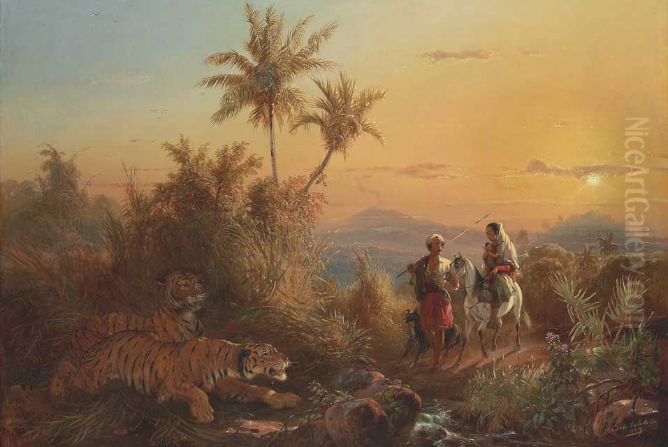 Javanese Landscape, with Tigers Listening to the Sound of a Travelling Group Oil Painting by Raden Saleh