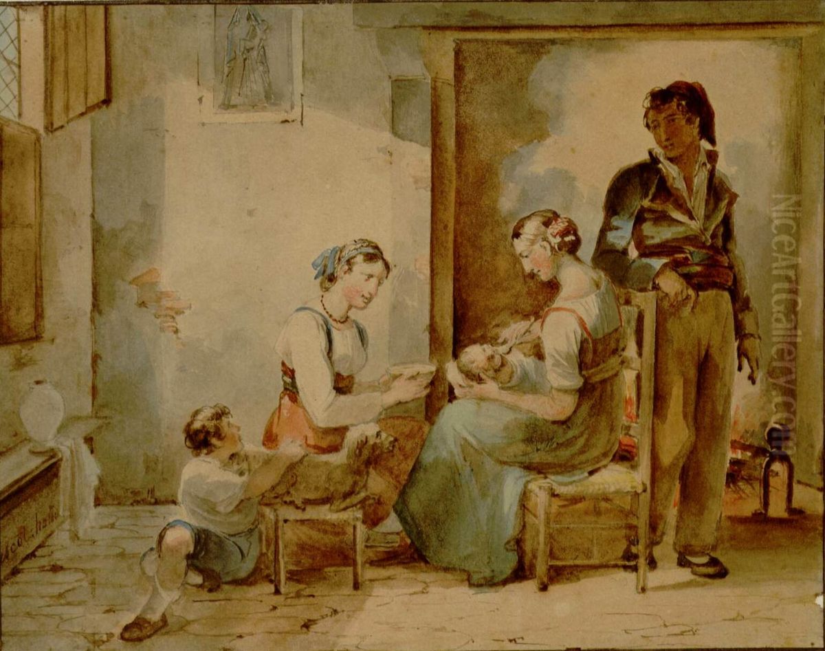 Italian family scene Oil Painting by Hortense Haudebourt-Lescot