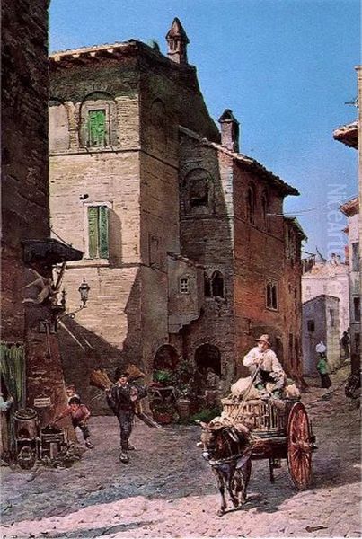 Vecchie Case a via della Lungaretta in Rome (rione Trastevere) Oil Painting by Ettore Roesler Franz