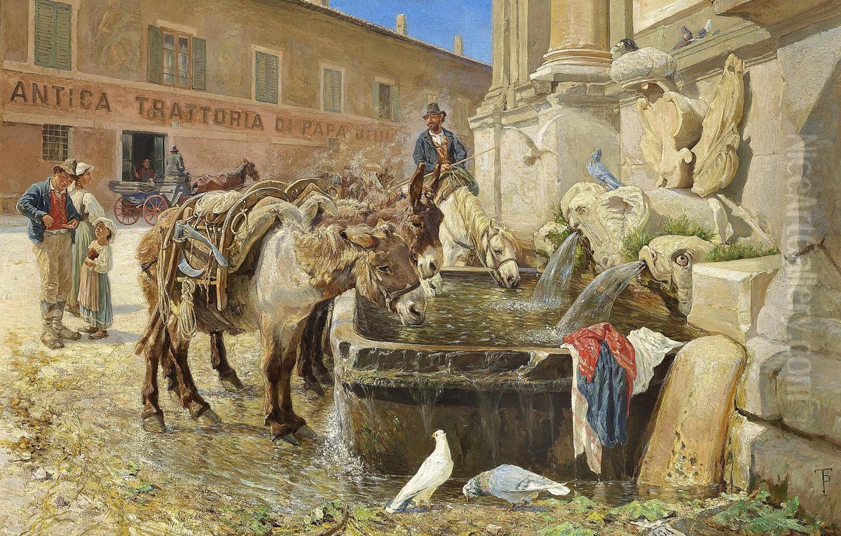 Ved en fontana udenfor Rom pa Via Flaminia Oil Painting by Theodor Esbern Philipsen