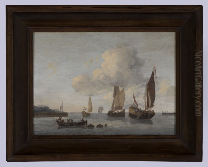 Kalme zee met spiegeljacht Oil Painting by Wigerus Vitringa