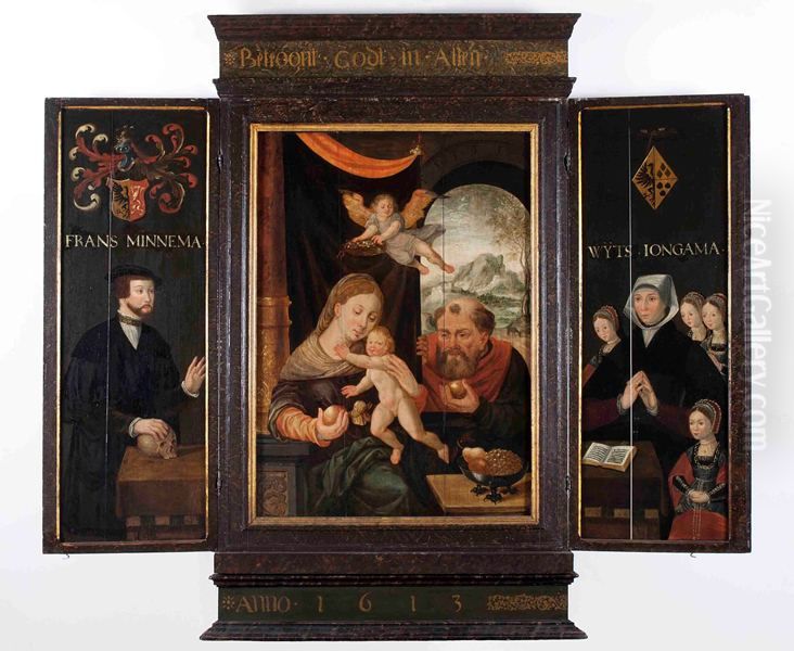 onderkant van Minnema-altaar middenpaneel drieluik: Maria met het kind Jezus op schoot, Jozef op achtergrond Oil Painting by Orley, Bernard van