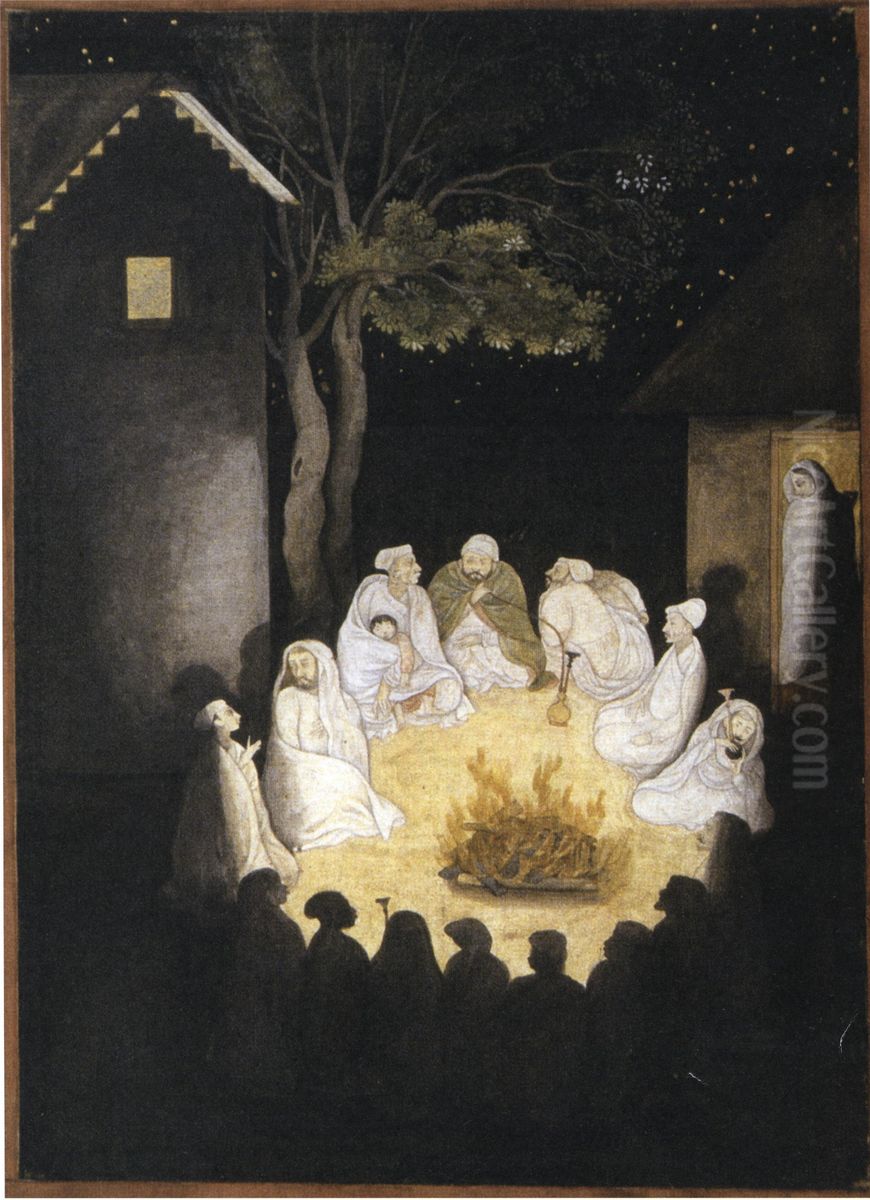 Villagers around a fire Oil Painting by Nainsukh