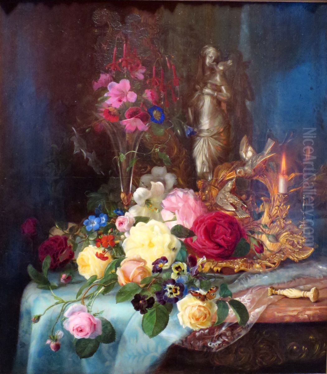 Flowers and Jewelry Oil Painting by Frants Diderik Boe