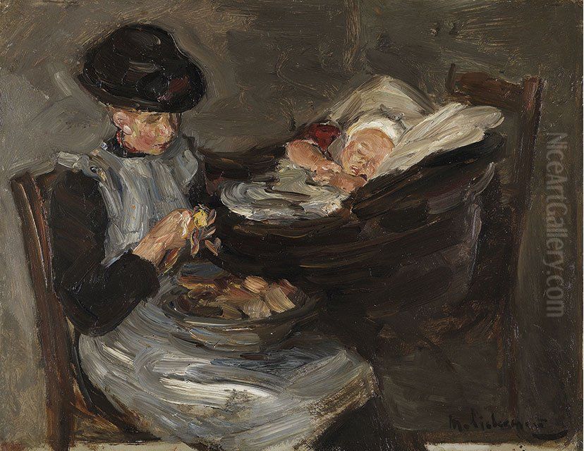 Girl from Laren Peeling Potatoes with Sleeping Child in a Basket Oil Painting by Max Liebermann