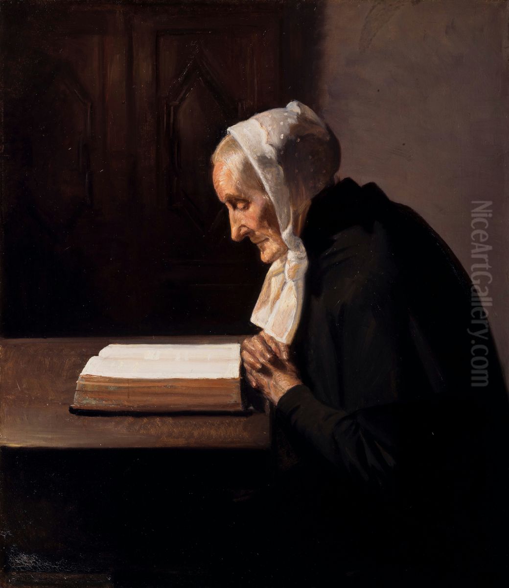 Mrs. Brondum reading the Bible. Oil Painting by Michael Peter Ancher